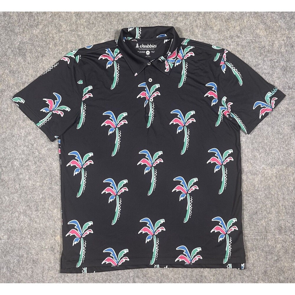 Chubbies Havana Night Performance Polo Men’s M Black Palm Trees Stretch Beach
